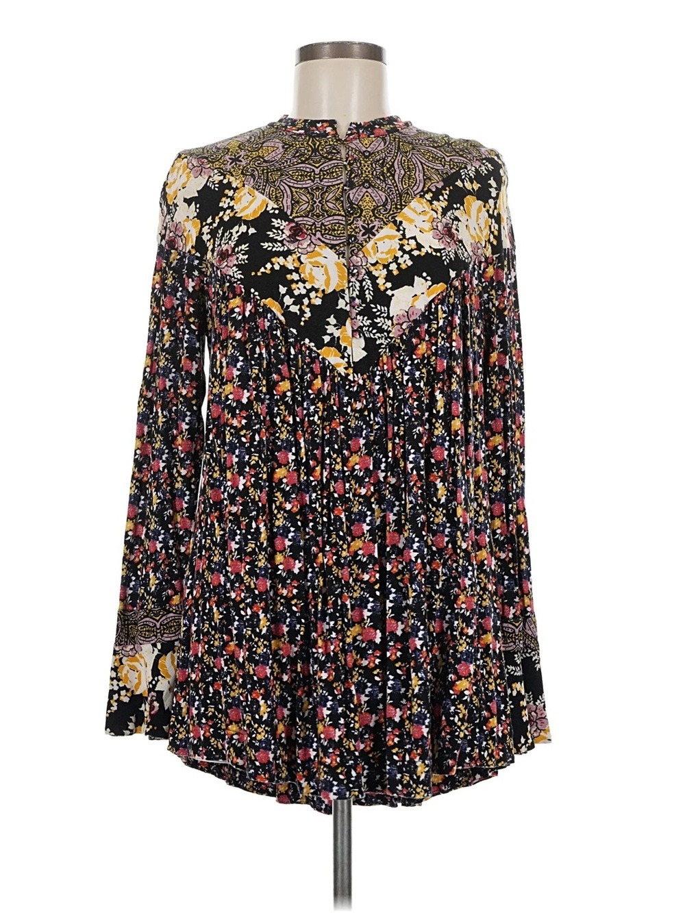 Free People Medium Black Multi Floral Long Sleeve Mini Dress
